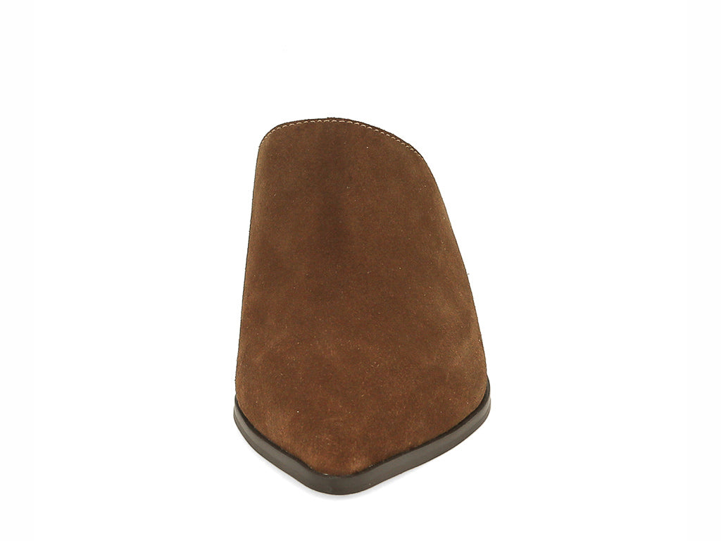 Brown suede pointed toe slide in shoe with block heel on a white background front view