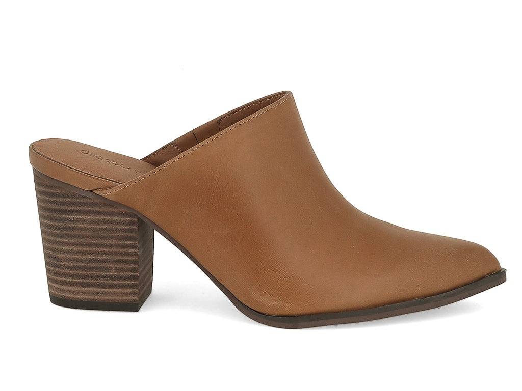 Brown leather slide in pointed toe with block heel on a white background side view