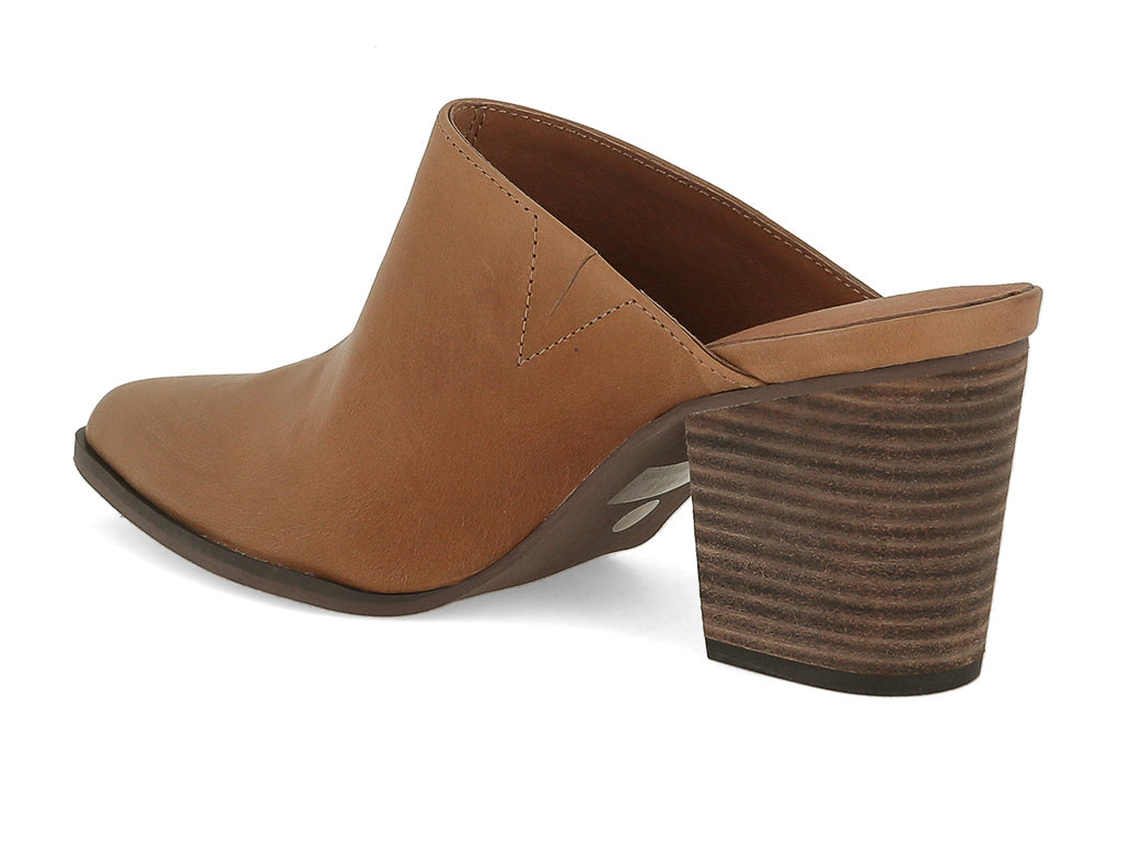 Brown leather slide in pointed toe with block heel on a white background side angle view