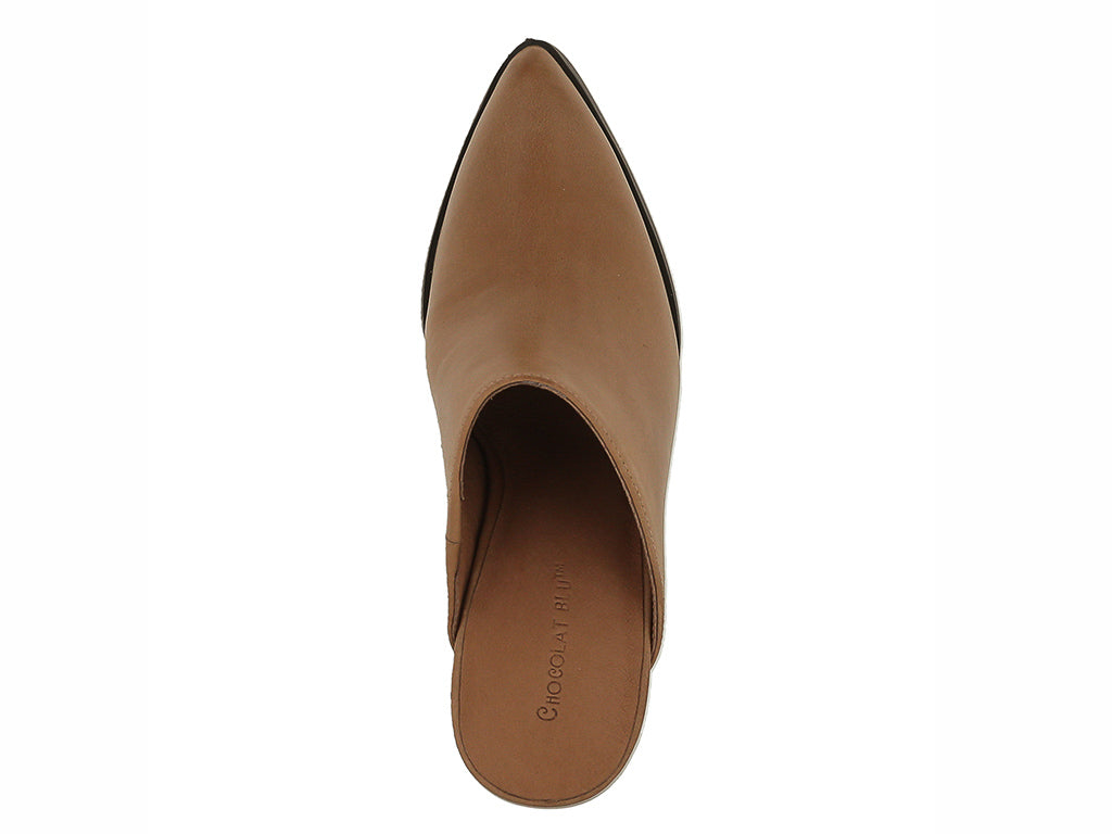 Brown leather slide in pointed toe with block heel on a white background top view