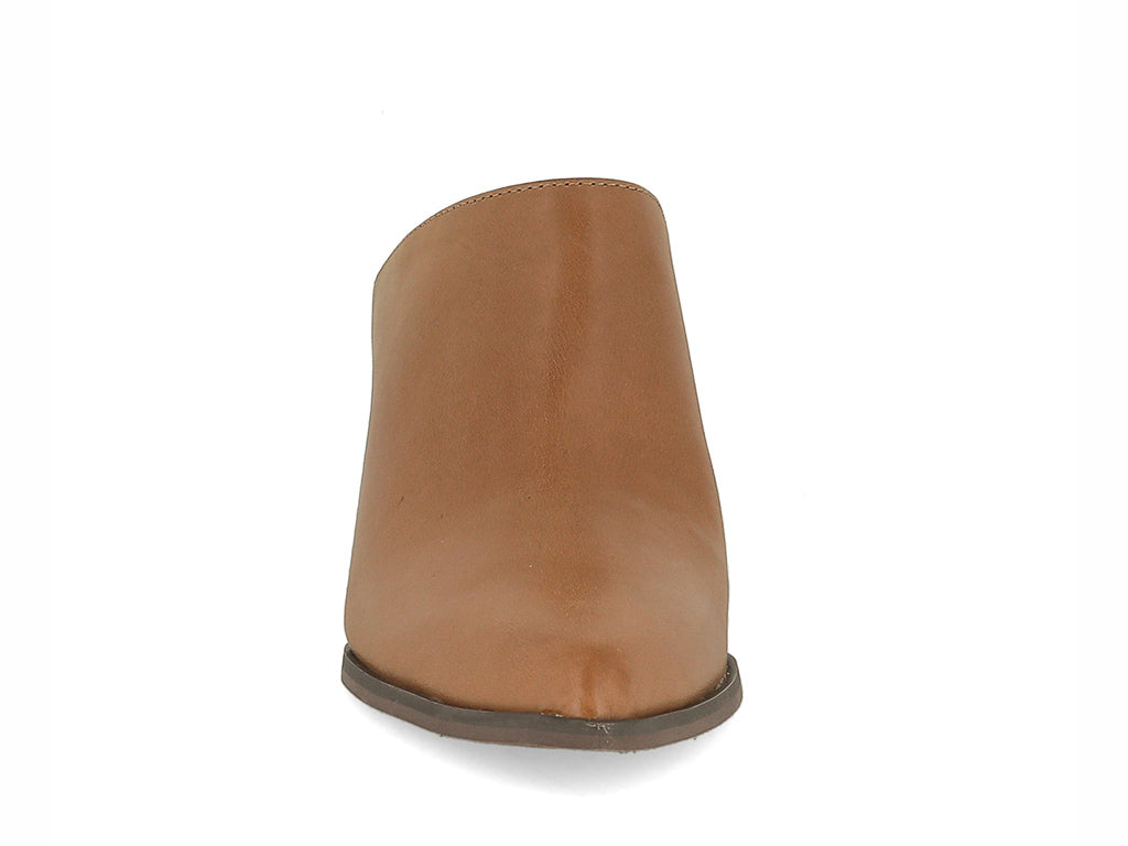Brown leather slide in pointed toe with block heel on a white background front view
