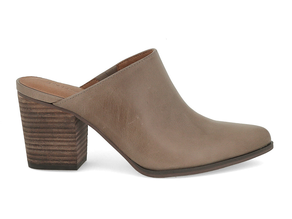 Taupe leather slide in pointed toe with block heel on a white background side view