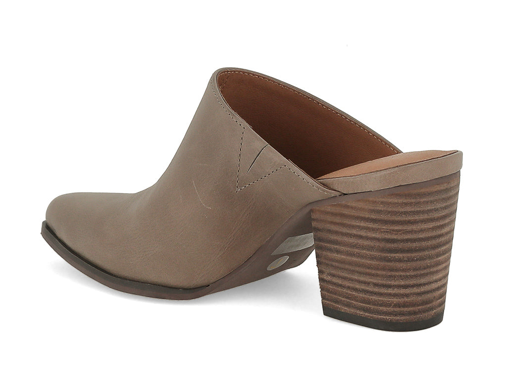 Taupe leather slide in pointed toe with block heel on a white background side angle view