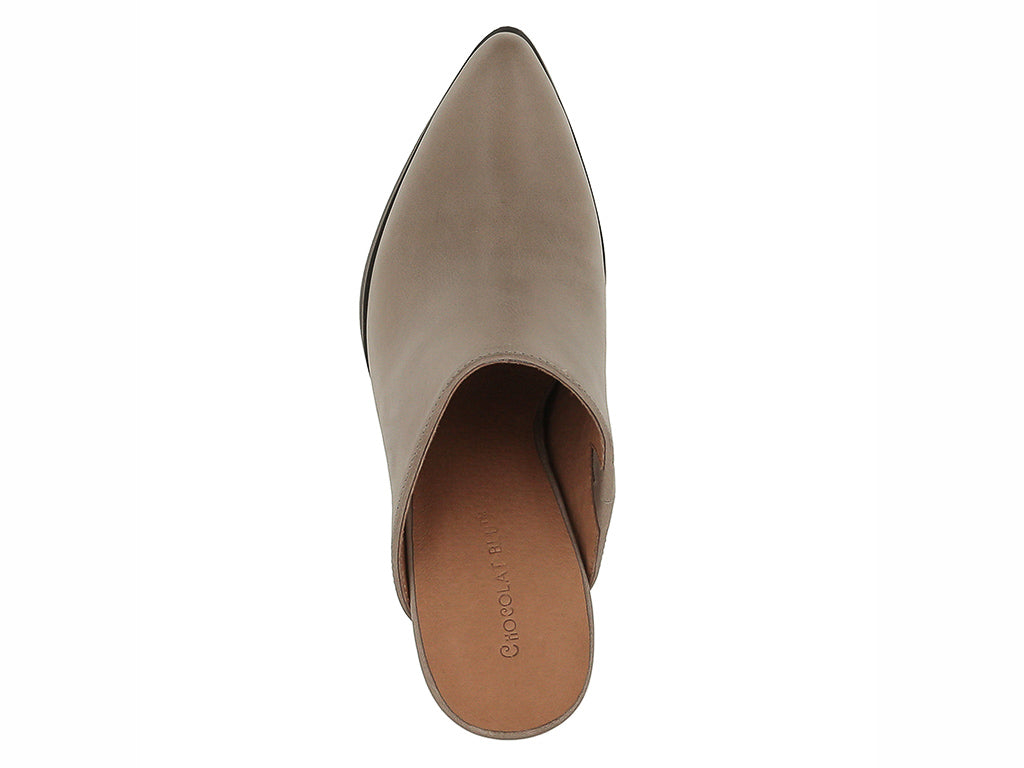 Taupe leather slide in pointed toe with block heel on a white background top view