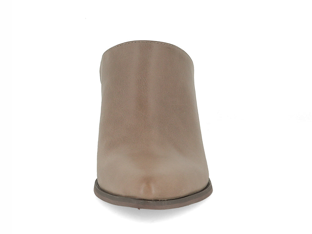 Taupe leather slide in pointed toe with block heel on a white background front view
