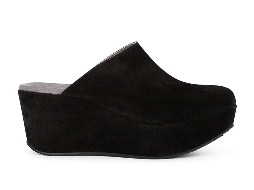 Black suede slide in wedge platform shoe on a white background side view
